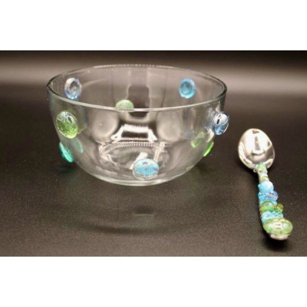 Artisan Borosilicate Glass Beaded Bowl With Matching Hand-Beaded Serving Spoon